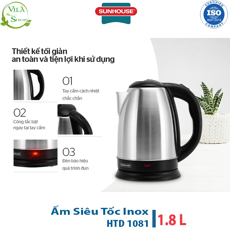 Ấm Siêu Tốc, Ấm Đun Nước Inox Sunhouse Happy time HTD1081 - Dung tích 1.8L, Chất Liệu Inox Cao Cấp Siêu Bền