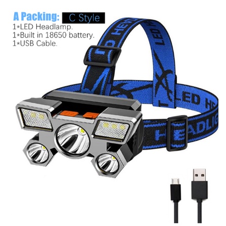 Đèn Pin Đeo Trán 5LED Tích Hợp Pin 18650 Cổng Sạc USB Dùng Cho Cắm Trại Ngoài Trời