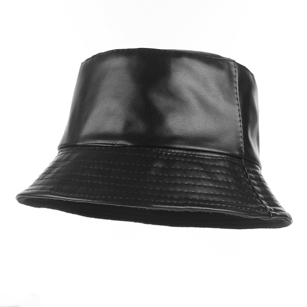Nón Bucket Chất Liệu Da PU Màu Đen Trơn Thời Trang Thu Đông Mới 2023 Cho Nam Nữ