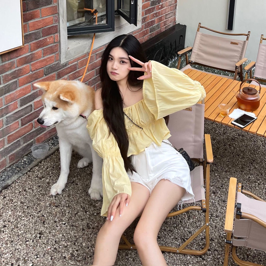 Ahoyeap Áo sơ mi tay dài phồng hai trong một dáng ngắn thiết kế cá tính thời trang xuân thu