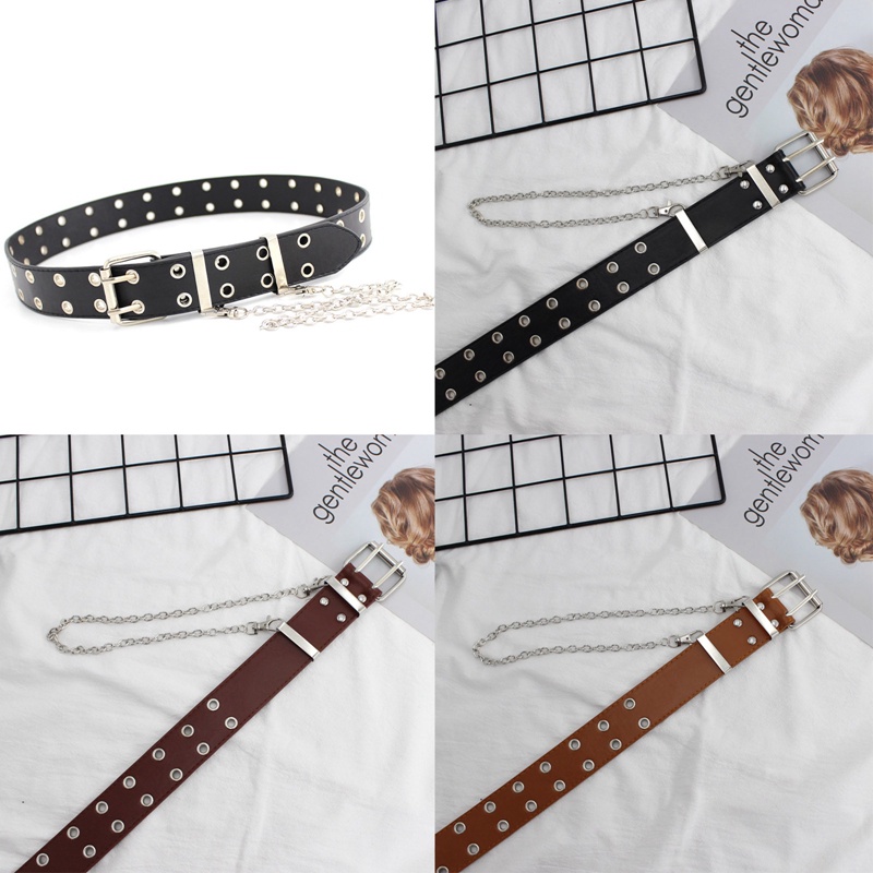 Thắt Lưng Nữ Phối Dây Xích Kim Loại Khoen Tròn Phong Cách Hip Hop Thời Trang