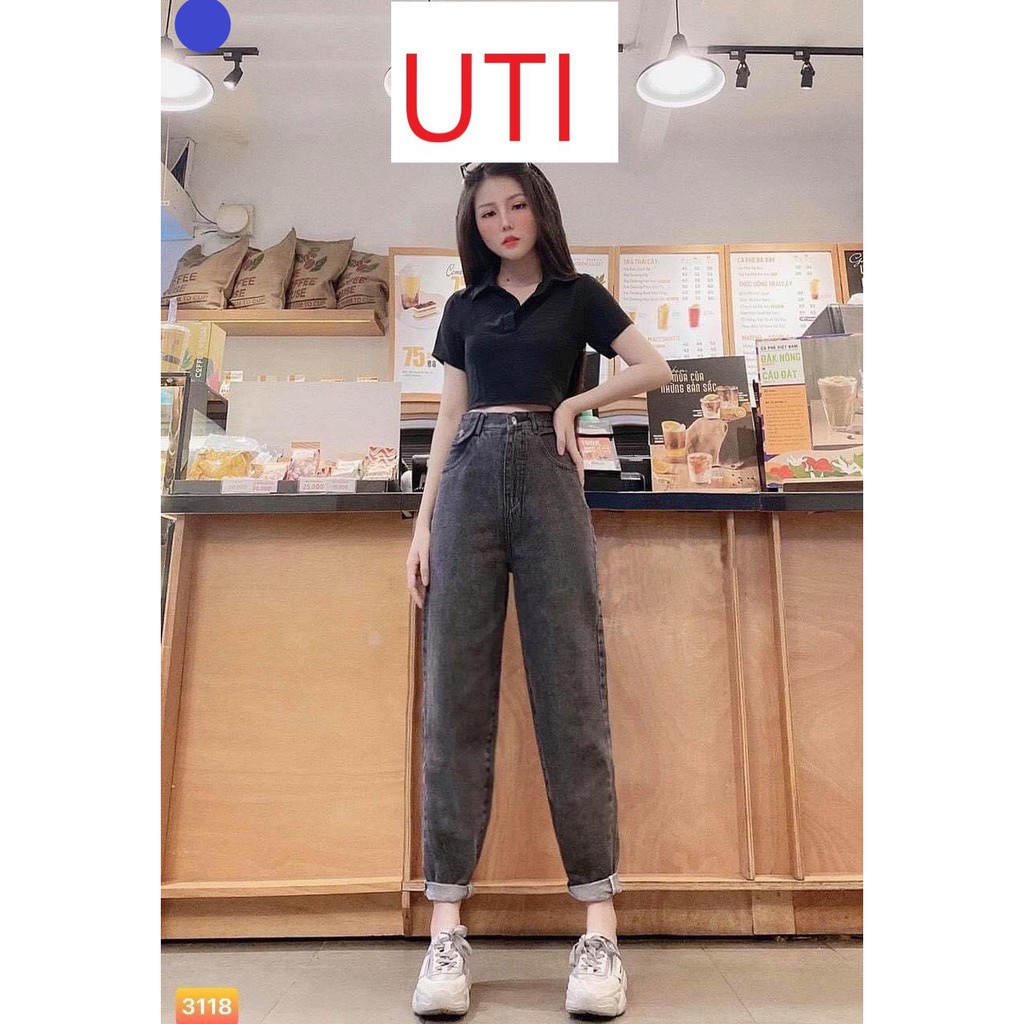QUẦN BAGGY JEAN NỮ LƯNG CAO TÚI NẮP MÀU XÁM CAO CẤP UTI ĐỦ SIZE S, M, L
