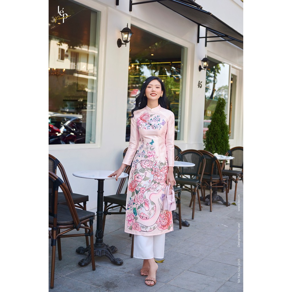Áo dài Lép Lệ hoa - Hồng phấn "hoat tiết hoa phối họa tiết rắn"