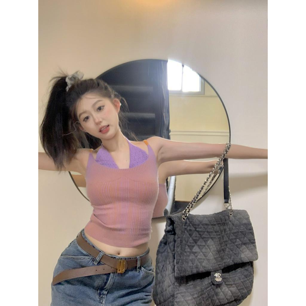 Porozi Áo croptop Giả Hai Lớp Màu Sắc Tương Phản Thời Trang Mùa Hè Cho Nữ