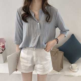 Áo sơ mi cổ tròn phối sọc dọc thanh lịch cho nữ