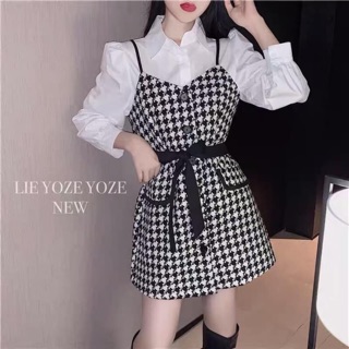 Set áo sơ mi kèm đầm 2 dây kẻ phong cách Hàn Quốc