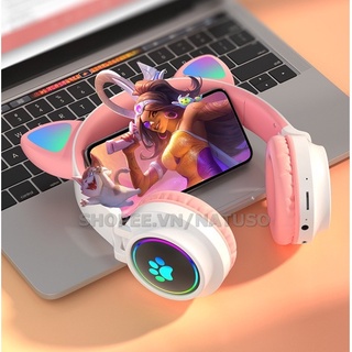 Tai nghe mèo chụp tai bluetooth không dây Natuso CAT EAR B30 có mic nghe nhạc đèn led dùng được máy tính