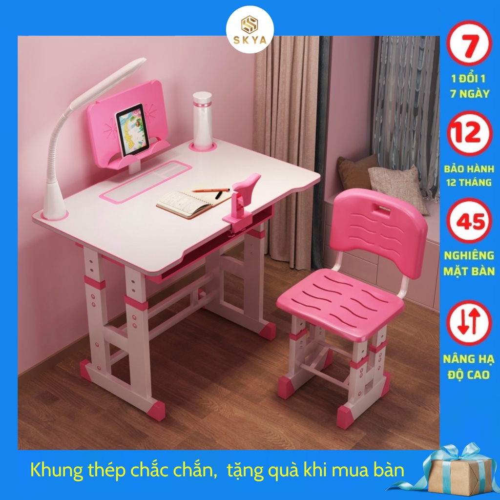 Bộ bàn ghế học sinh SKYA K112 bàn học thông minh cho bé màu hồng chống gù chống cận có giá để sách và ipad tiện lợi