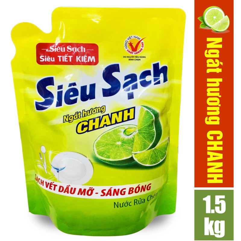 Nước rửa chén LIX 1.5KG siêu sạch hương chanh loại túi N4302 làm sạch vết bẩn dầu mỡ không hại da tay