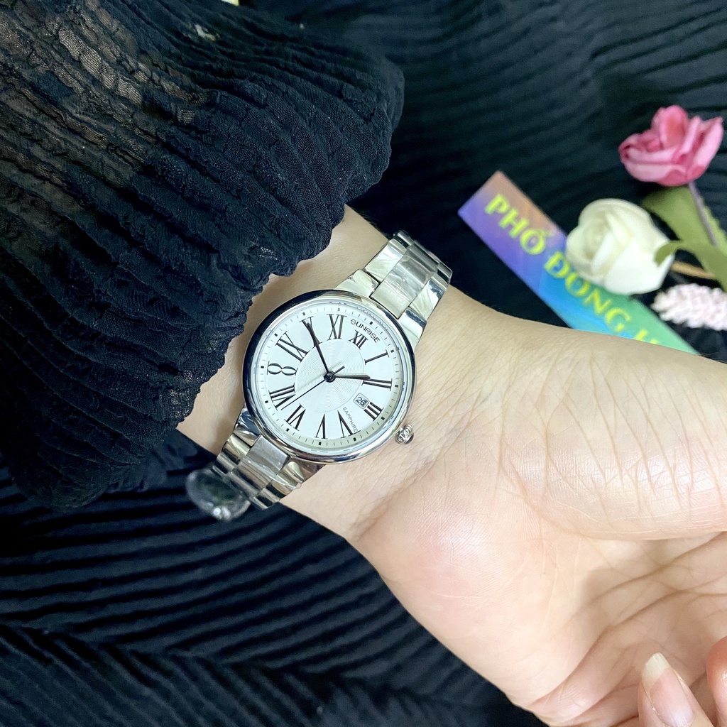 Đồng hồ nữ dây kim loại mặt kính chống xước sapphire Sunrise 2133 2133SA SL2133LS trắng