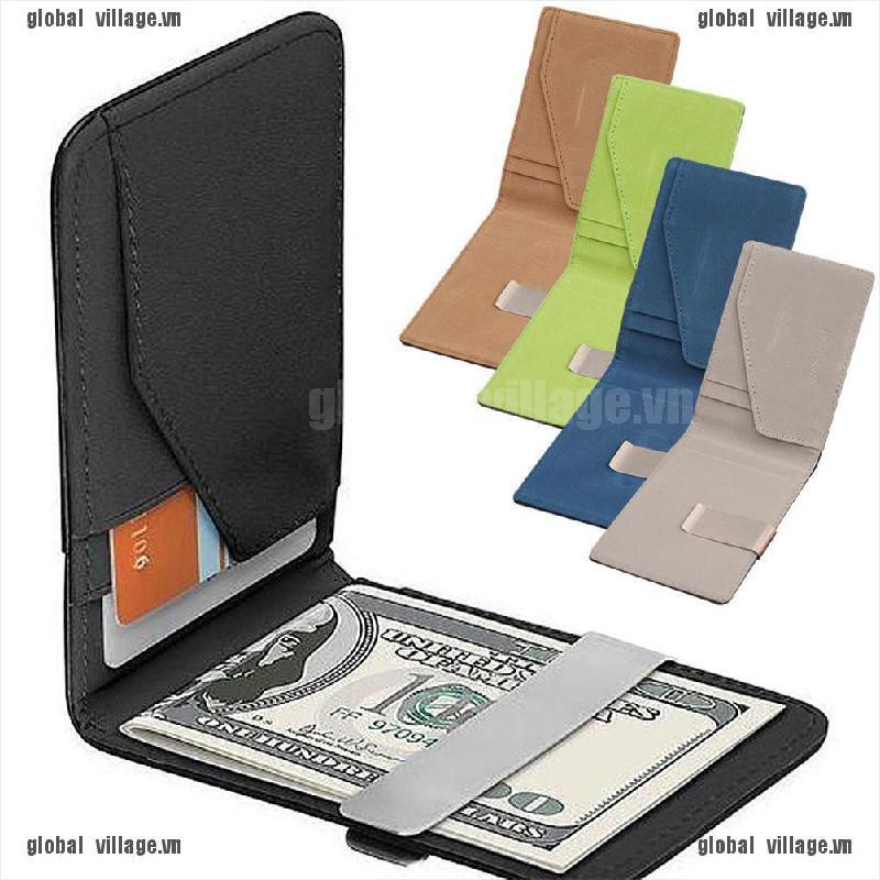[global] Mens Genuine Leather Silver Money Clip Slim Wallets Black ID Credit Card Holder [village]
