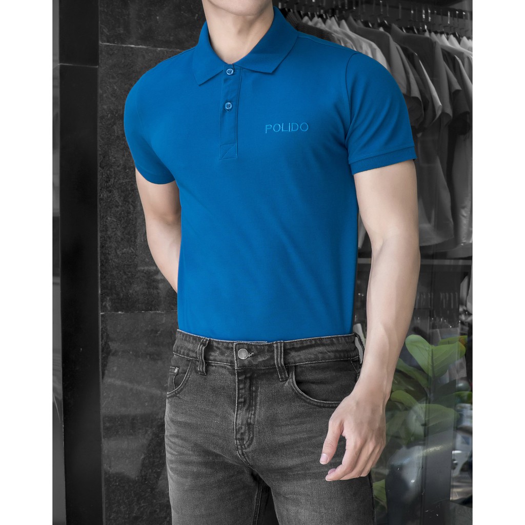 Áo Polo Nam Trơn Thêu Chữ POLIDO Màu Xanh Cổ Vịt Vải Cotton Co Giãn Form Slimfit