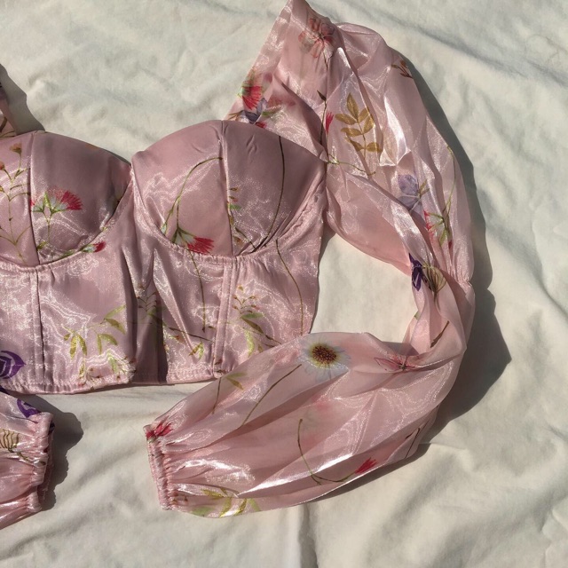 [CÓ SẴN] (hình thật) Áo croptop hồng hoa lá có mút ngực