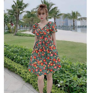 Đầm xòe trễ vai họa tiết hoa nhí rose fashion