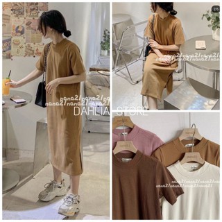 Đầm Thun Tăm Cổ Tròn Xẻ Tà Nữ - Váy midi dáng suông cổ 3 phân tay lỡ nhiều màu Ulzzang