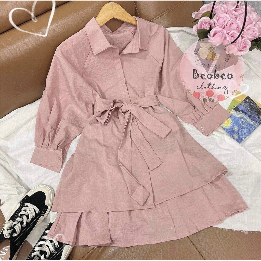 Set áo sơ mi tay phồng thắt nơ kèm chân váy xếp ly ulzzang