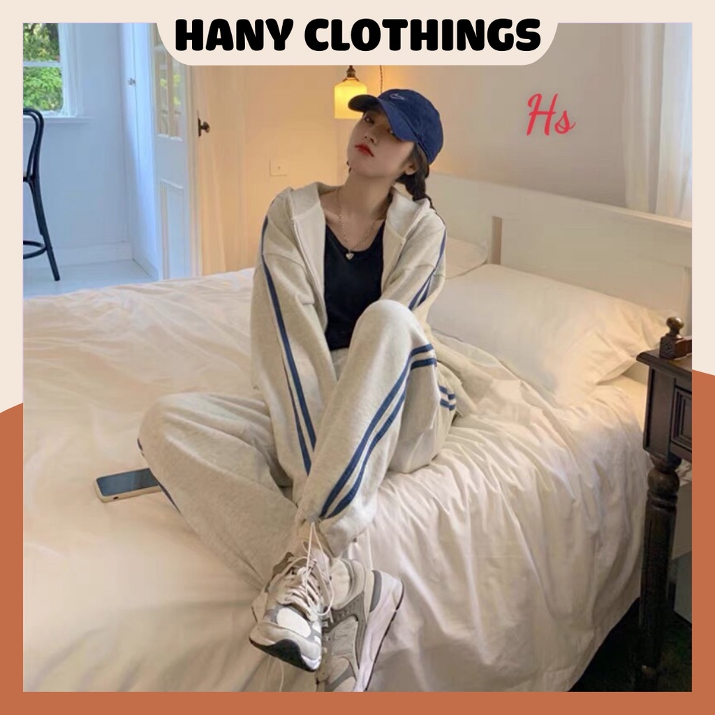 Bộ thể thao nữ thu đông set bộ nam nữ dài tay chạy sọc bigsize HANY CLOTHINGS X089 màu XANH/TRẮNG