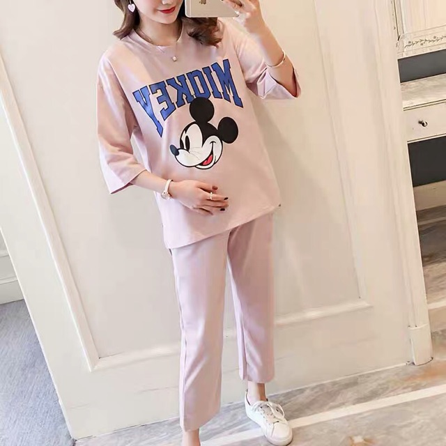 đồ bộ bầu lửng chất cotton đẹp mát mặc hè  hàng quảng châu cao cấp ✅sẵn ngắn hồng size M-L,dài ghi size L-XL