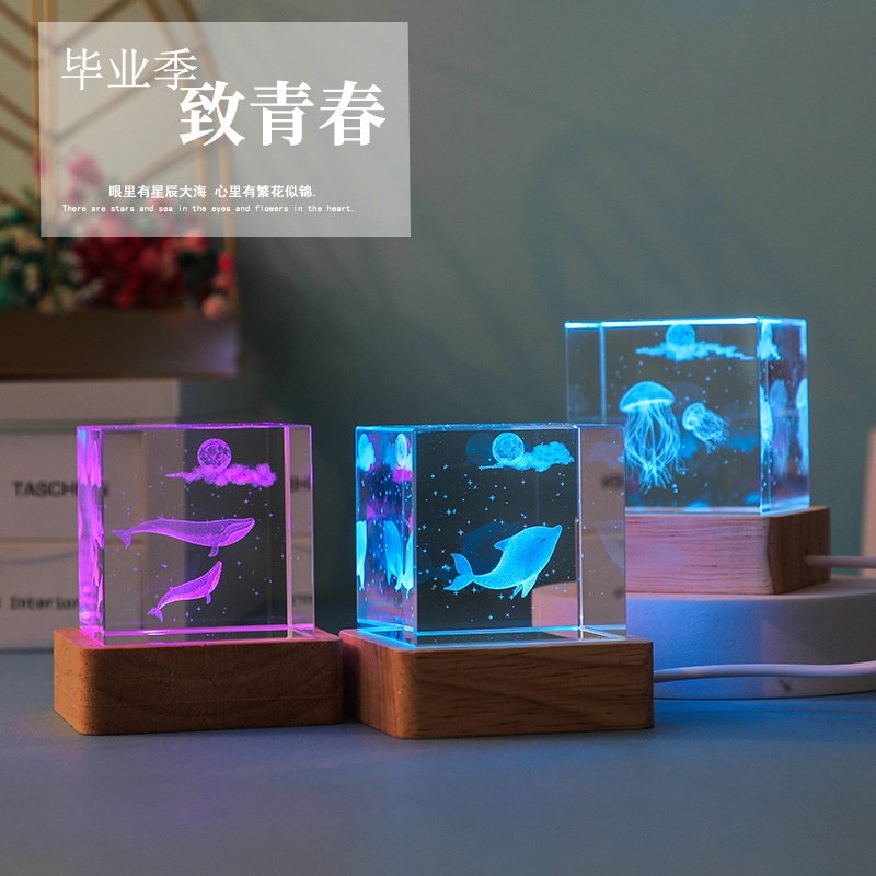 Đèn Ngủ Hình Khối Lập Phương 3D Pha Lê Sang Trọng Trang Trí Phòng Khách Tủ Tivi