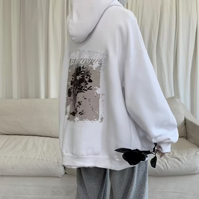 Áo Hoodie Unisex Dáng Rộng In Hình Hoa Hồng Thời Trang Size M-3XL