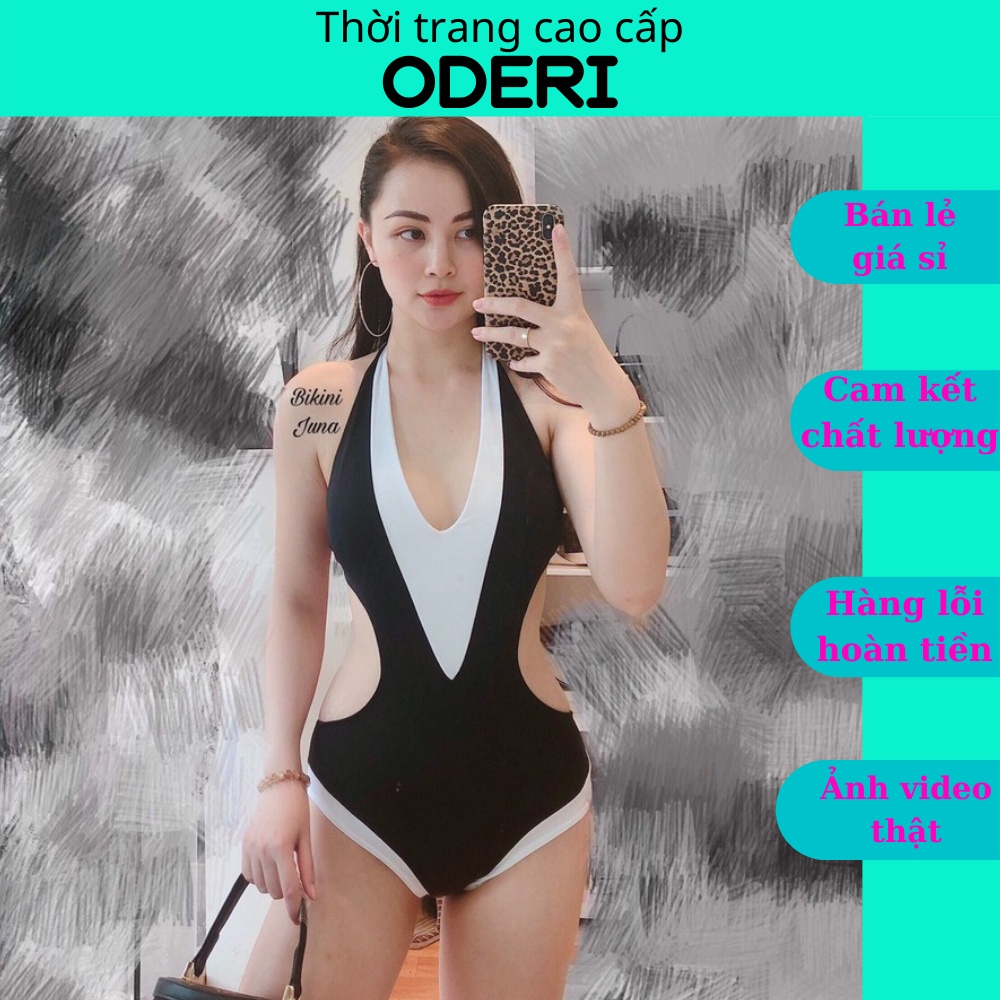 Bikini, Đồ Bơi Đi Biển Một Mảnh Cá Heo, Liền Thân Trắng Đen Khoét Eo ODERI LT-065