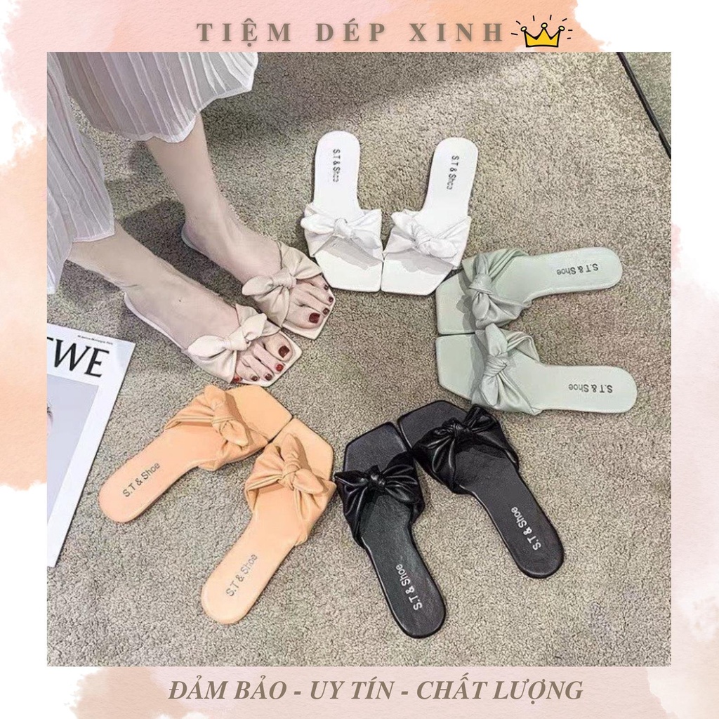 Dép Lê Nữ ⚡𝑭𝑹𝑬𝑬 𝑺𝑯𝑰𝑷⚡ Dép Đính Nơ mũi vuông thời trang đế bệt Hottrend phối đồ cực đỉnh, đi siêu sang chảnh D18