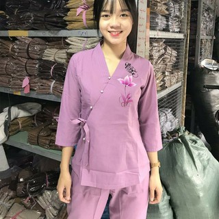 Bộ quần áo nữ Phật tử - đồ lam đi chùa Kate A13B