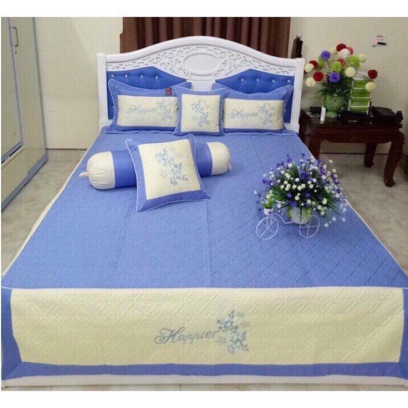 Set 7 món chăn ga gối satin trần bông satin thêu hoa cao cấp