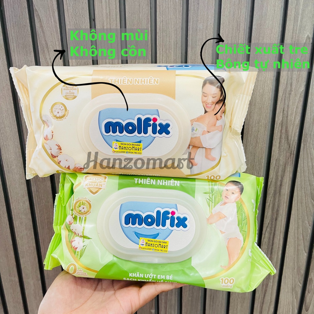 Khăn ướt Molfix thiên nhiên sạch khuẩn dịu nhẹ tươi mát với bông Organic tự nhiên ( hộp 100 tờ )