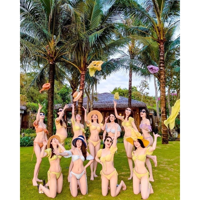 [BIKINI LOẠI ĐẸP] Đồ bơi 2 mảnh áo QUÂY TAY BỒNG trễ vai quần chip thun nhún đủ màu siêu hot (kèm khăn quấn + mút ngực)