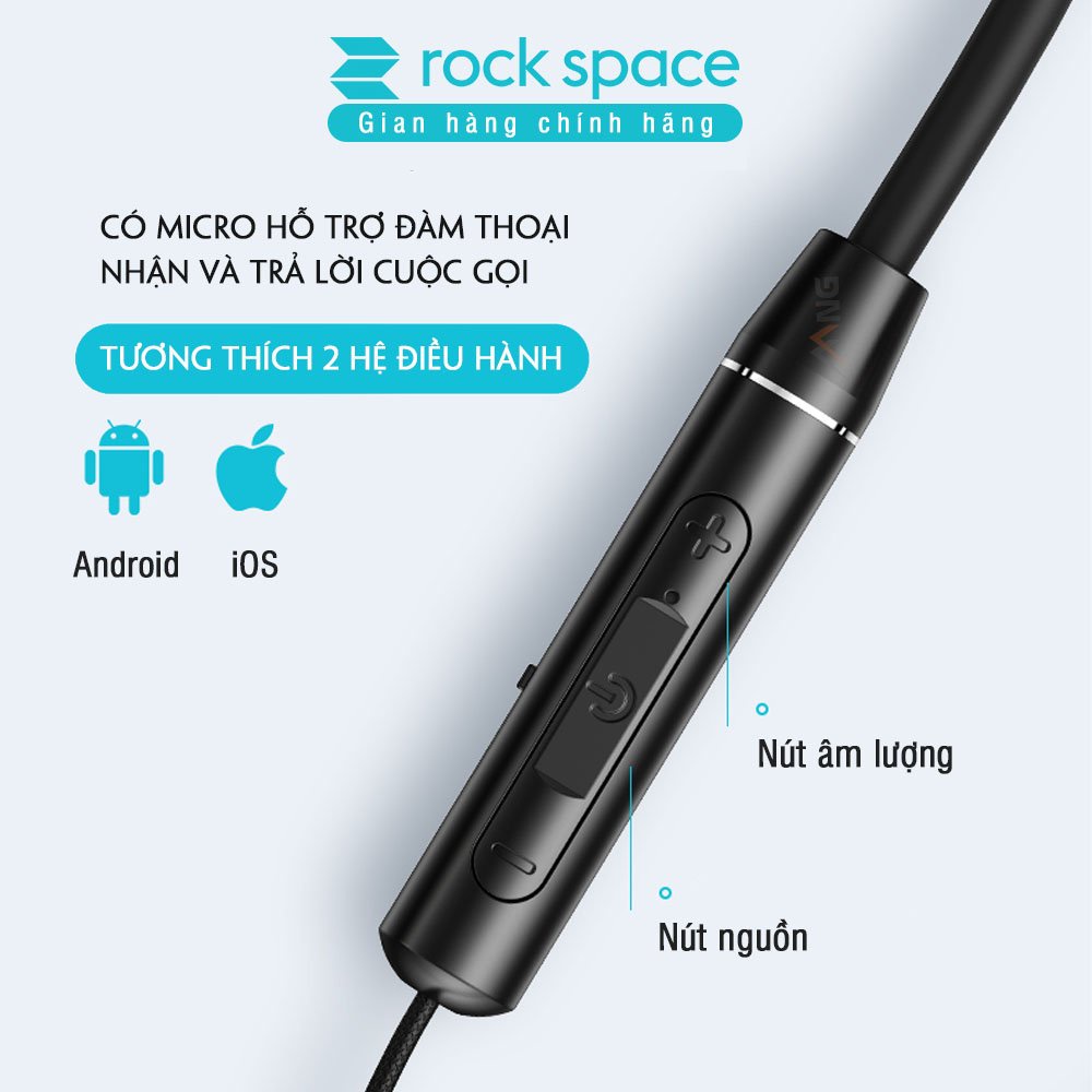 Tai nghe bluetooth không dây thể thao Rockspace B6, dành cho chạy bộ, tập GYM, thiết kế nhét tai, có micro, pin 6 tiếng