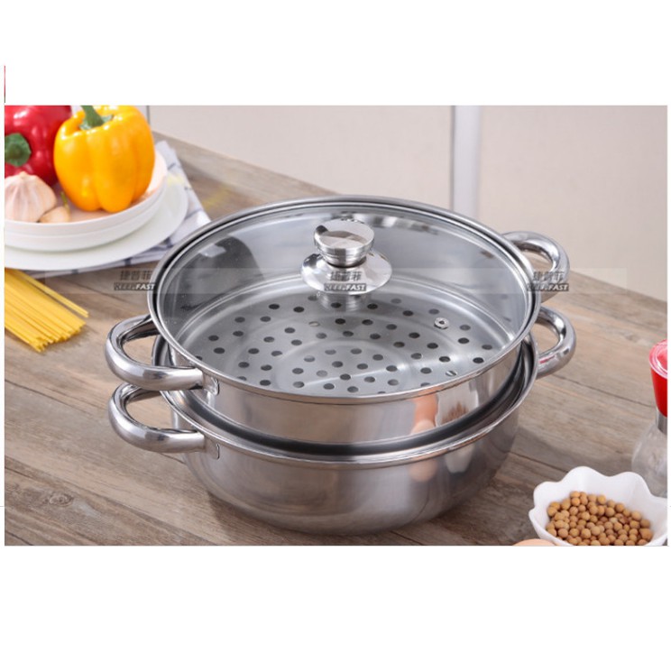 Nổi hấp nồi lẩu 2 tầng inox nồi lẩu kèm nồi hấp xôi đa năng đường kính 28cm nắp kính