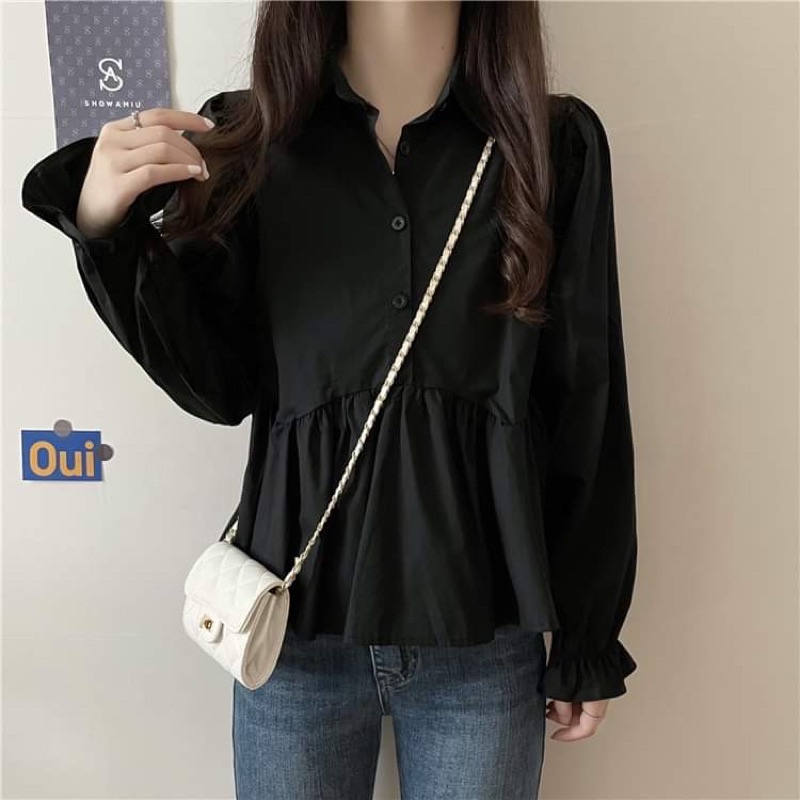 Áo sơ mi dáng babydoll dài tay cổ polo màu đen, trắng