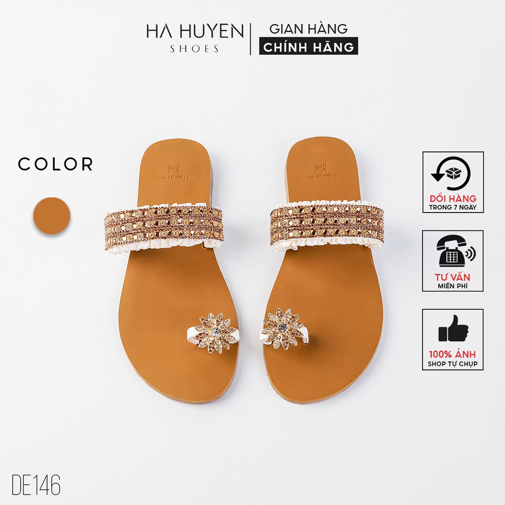 Dép xỏ ngón nữ Hà Huyền Shoes quai bèo ngang ngón đá hoa - DE146