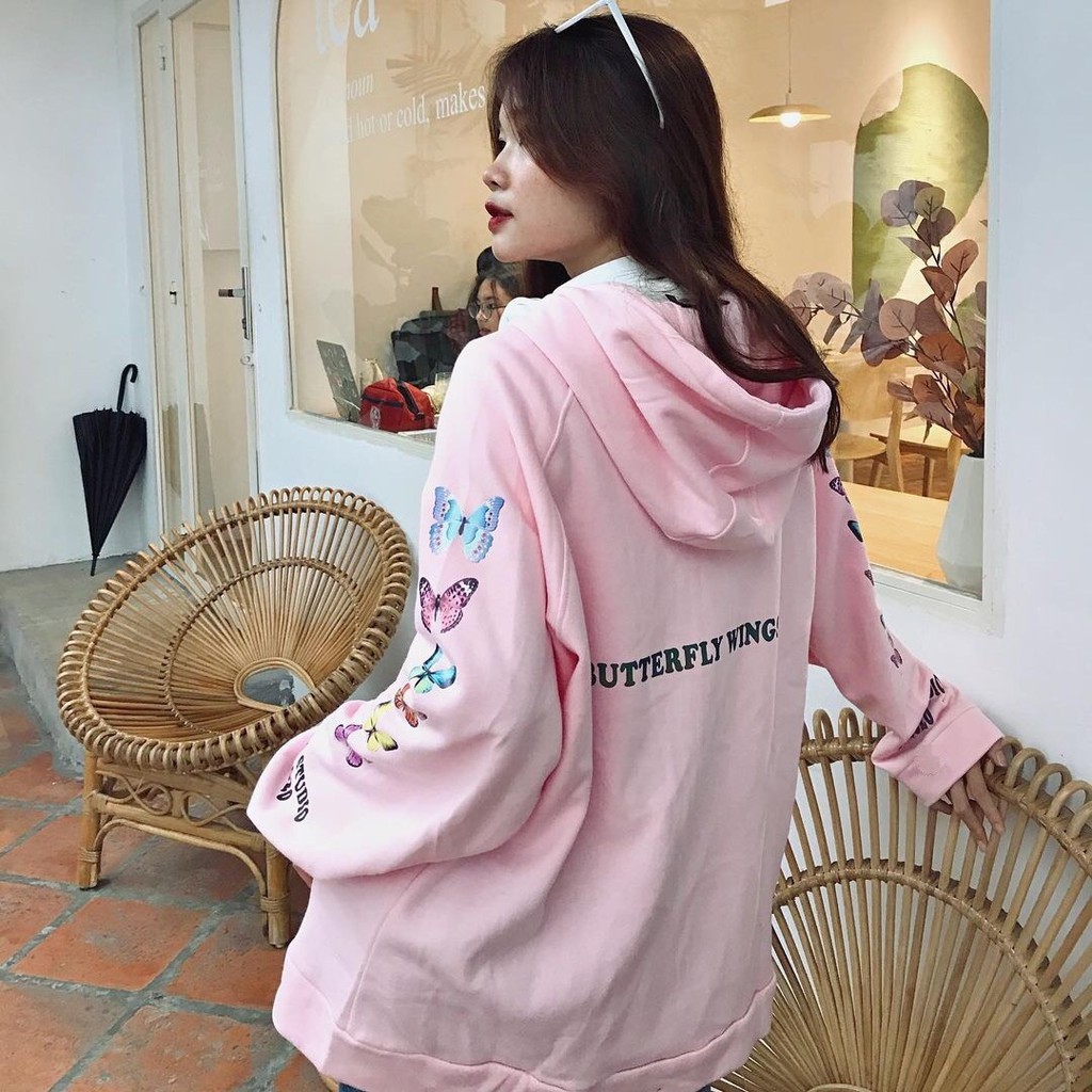 (New) ÁO NỈ KHOÁC DÂY KÉO BƯỚM CHER STUDIO HỒNG ĐEN - ÁO KHOÁC HOODIE CÁNH BƯỚM COUPLE
