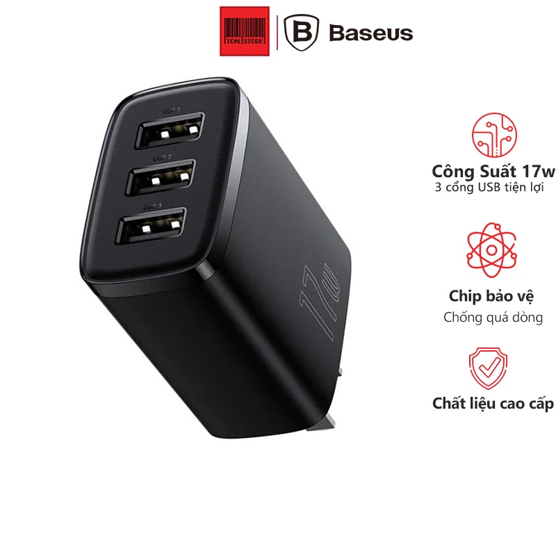 Cốc sạc nhanh 17W Baseus Compact Charger chân cắm CN 3 cổng USB sạc nhiều thiết bị cùng lúc