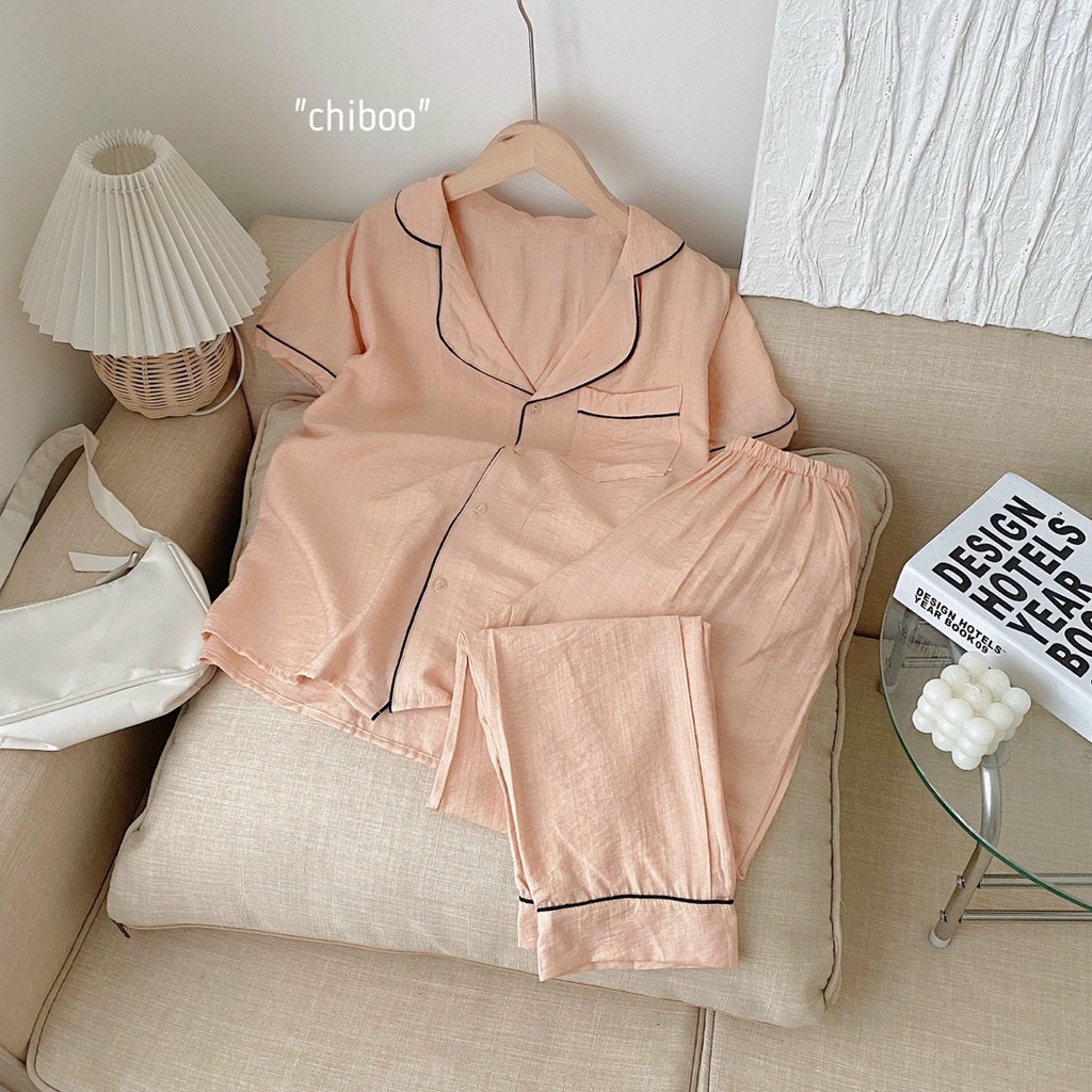 Ộ Đồ Ngủ Nữ Pyjama Mặc Nhà Cộc Tay Chất Vải Đũi xước siêu mát Mềm Mịn Dễ Thương