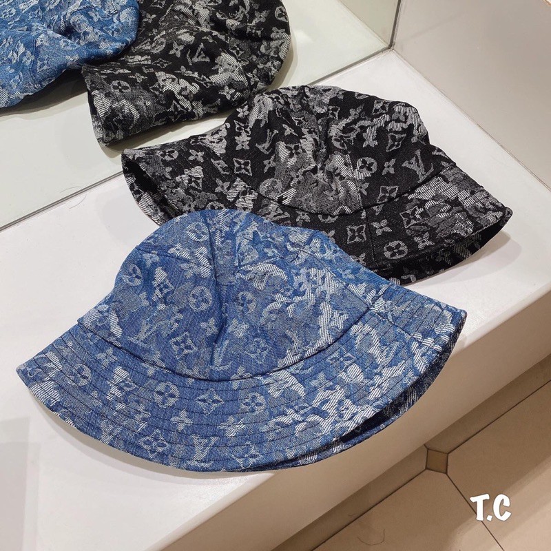 Nón vành LV jeans loang hai màu logo chìm nền vải mềm form đẹp