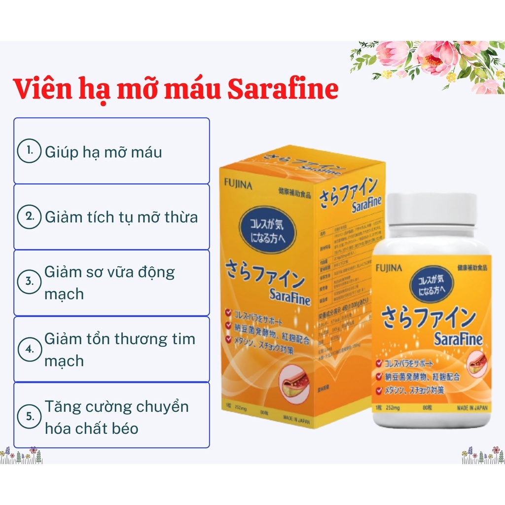 Viên uống hạ mỡ máu Fujina Sarafine Nhật Bản, giảm mỡ máu và cholesterol, bảo vệ tim mạch và gan, ổn định huyết áp