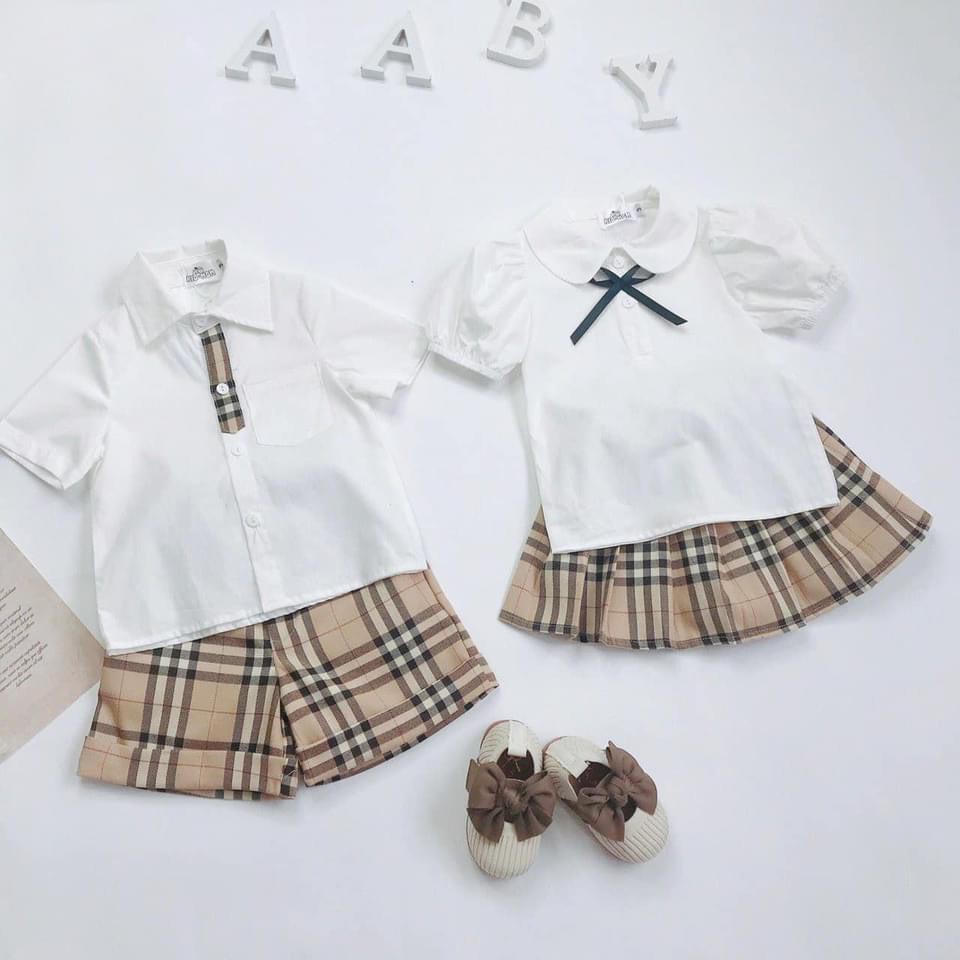 Set bộ áo trắng mix chân váy/quần kẻ cho bé BB-04
