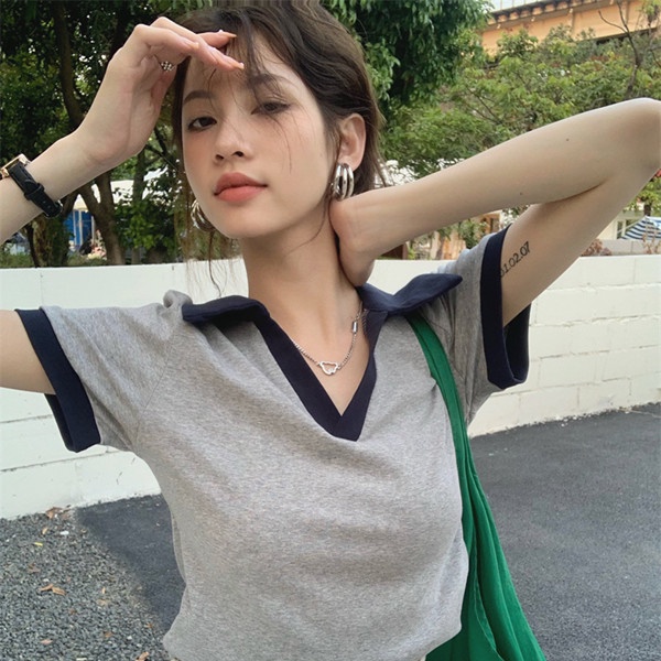 Áo polo Ngắn Tay Phối Màu Tương Phản Thời Trang Mùa Hè Hàn Quốc Cho Nữ