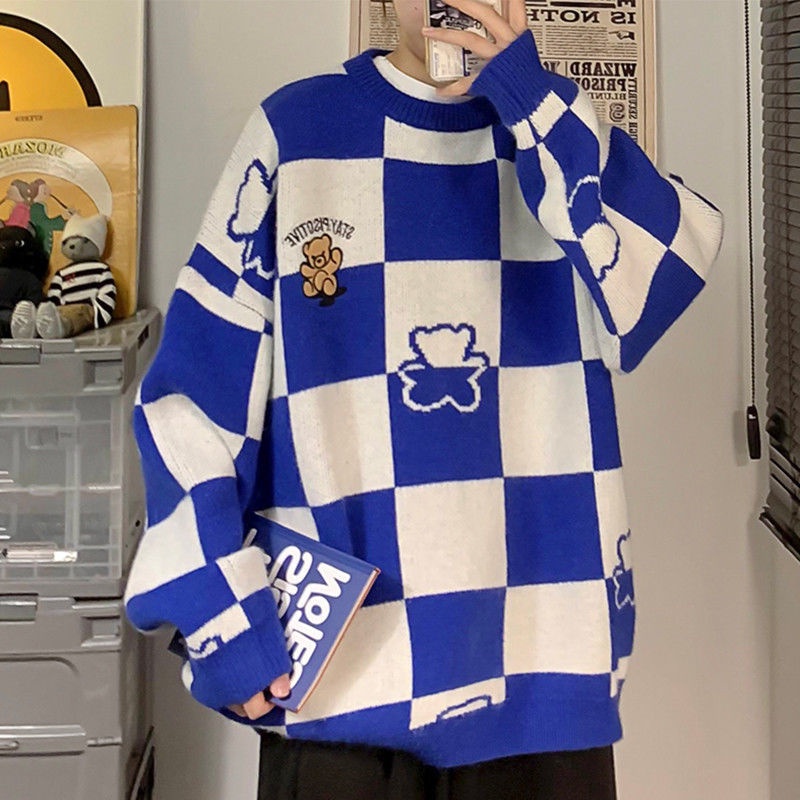 Áo Sweater Dáng Rộng Thêu Hình Gấu Bàn Cờ Vua Kiểu Vintage Thời Trang Mùa Đông Cho Các Cặp Đôi