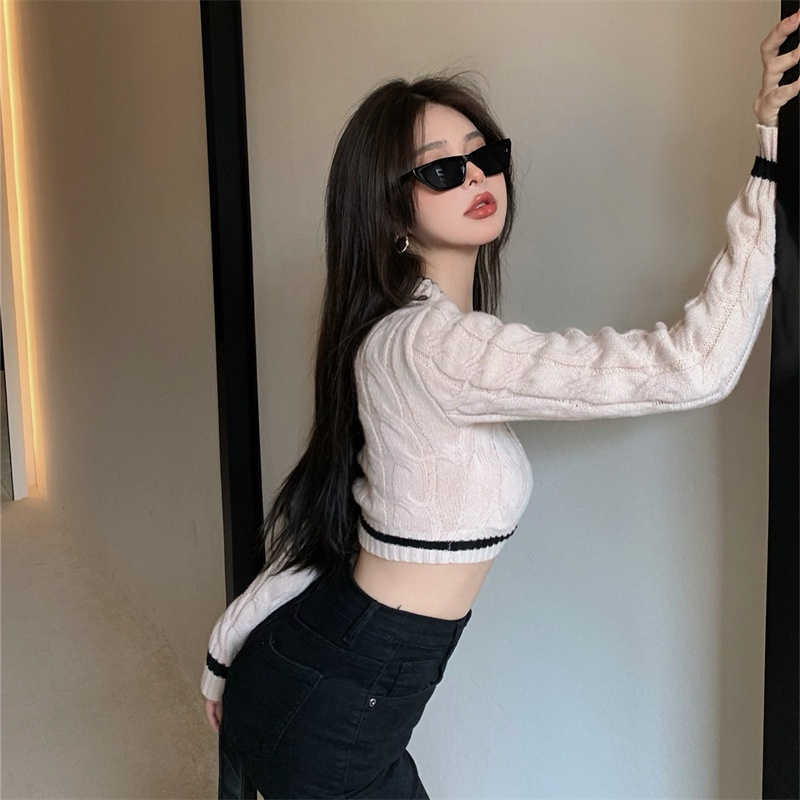 QKOOLE  Áo sweater tay dài cổ chữ V kiểu ngắn thời trang Hàn Quốc quyến rũ cho nữ