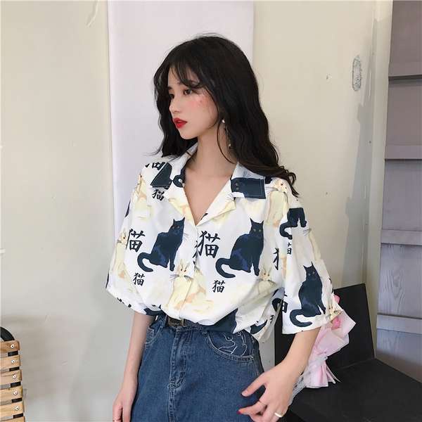 Cổ điển phong cách Hồng Kông Kitten in đầy đủ Áo Sơ Mi Ngắn Tay Nữ mùa hè quần lửng nữ đẹp trai hiphop đầu chiên đường t