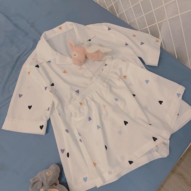 Set Bộ Ngủ Nhiều Tim Tay Lỡ Nam Nữ Unisex - Bộ ngủ pijama freesize dáng suông mặc nhà LOẠI 1 Form Rộng