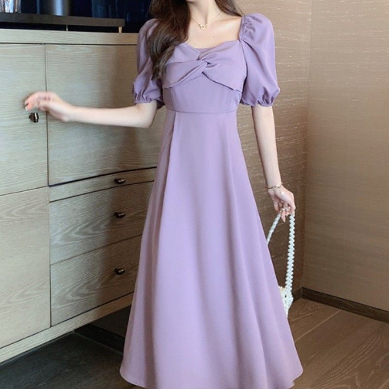 French Gentle Simple Temperament Long Dress2021Summer Fairy Square Collar Slimming Slimming Purple Elegant Dress