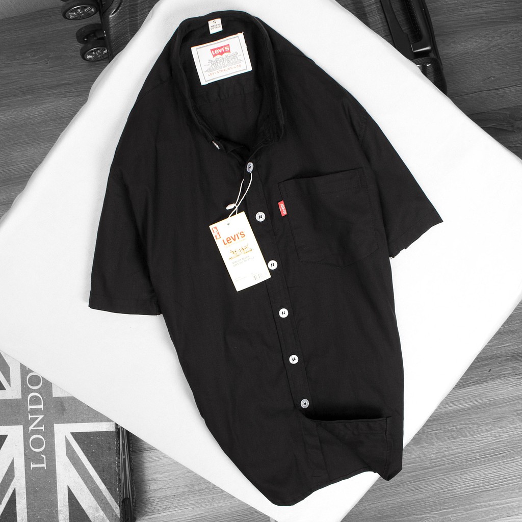 Áo sơ mi nam LEVIS cao cấp ngắn tay màu xanh đen đậm vải Lanh - Linen xuất khẩu - Đỉnh Cao Sang Trọng