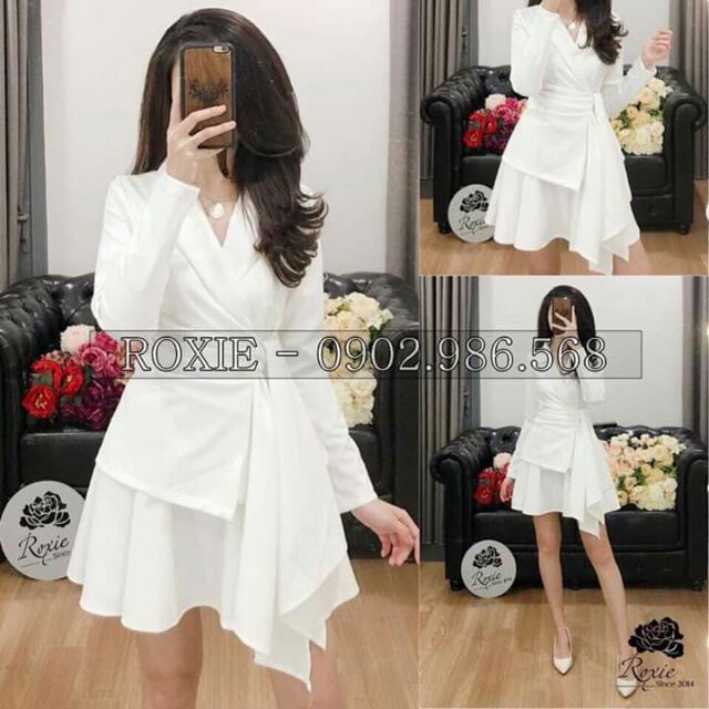 Đầm xoè tầng cổ vest cột eo