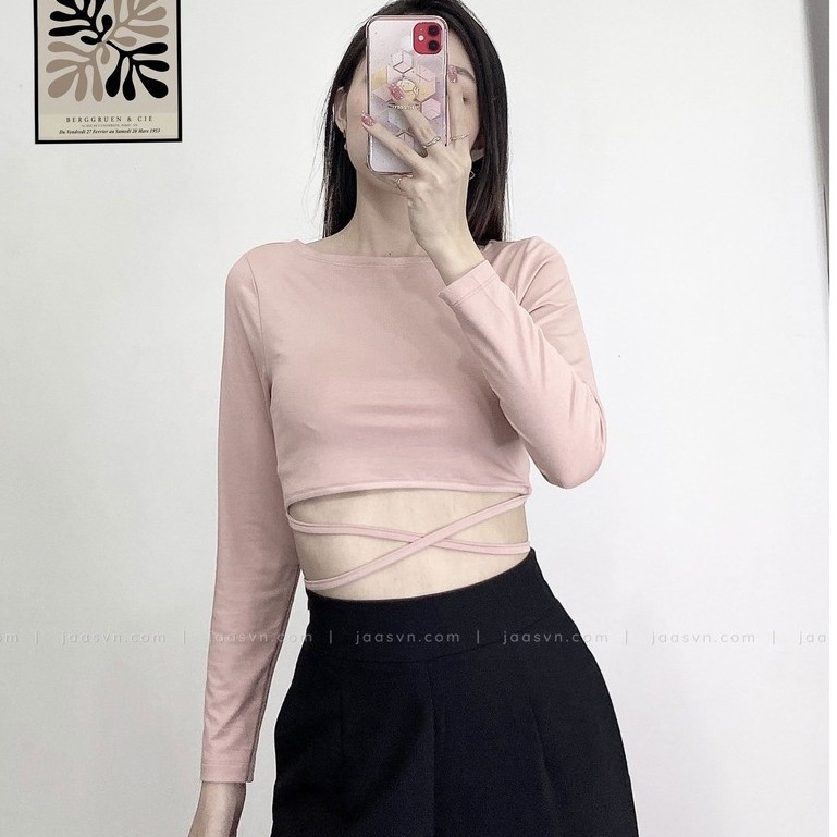 Áo croptop tay dài ôm body thắt dây eo cá tính