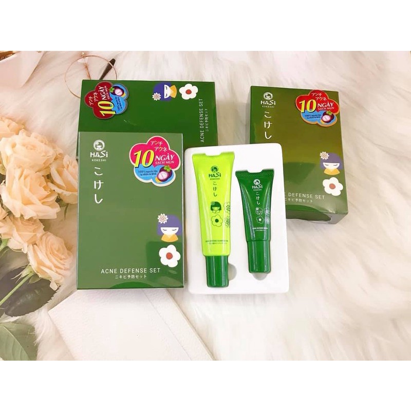 BỘ SẢN PHẨM DÀNH CHO DA MỤN SERUM &amp; GEL RỬA MẶT HASI KOKESHI PUREDOLL ANTI - ACNE SET CHÍNH HÃNG - 8949